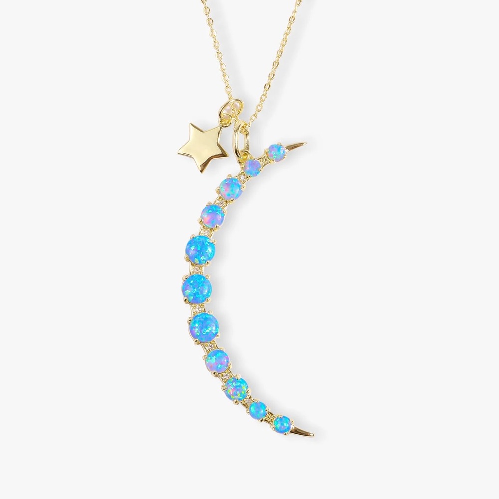 Gold Crescent Moon Necklace with Simulated Opal Accents